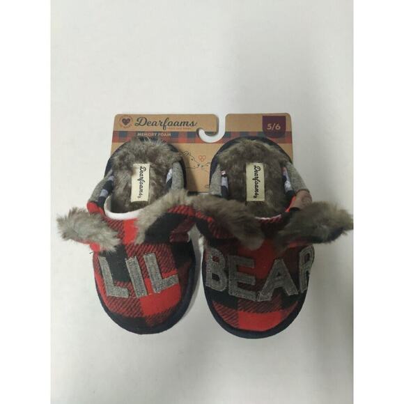 Dearfoams Kids Slippers Lil Bear Christmas size 5-6 Red Black Memory Foam - Picture 2 of 16
